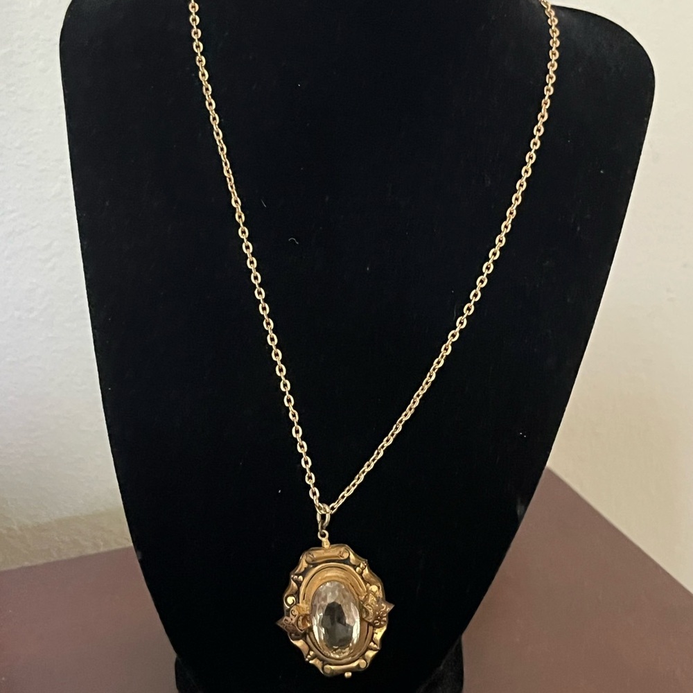 Vintage Brass W/Citrine Colored Glass Stone Necklace